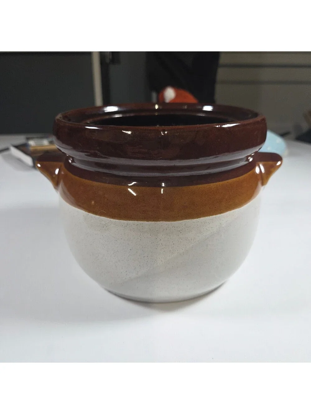 Vintage Ceramic Brown and Cream Covered Pot with Handles
